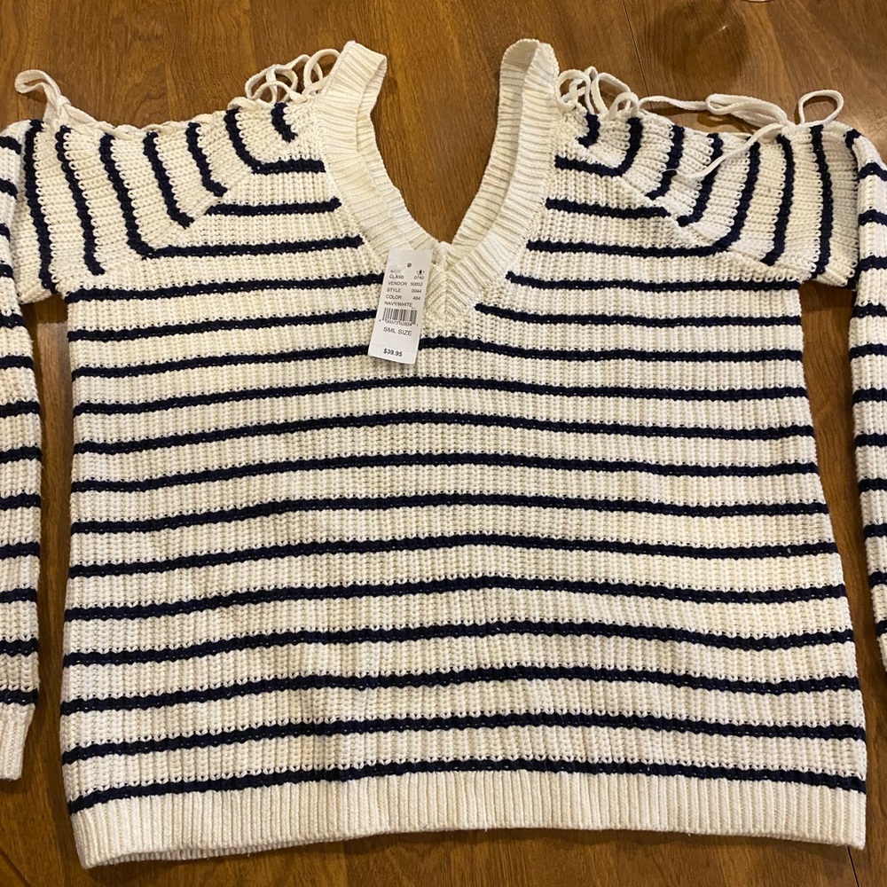 Navy and white cold shoulder striped sweater